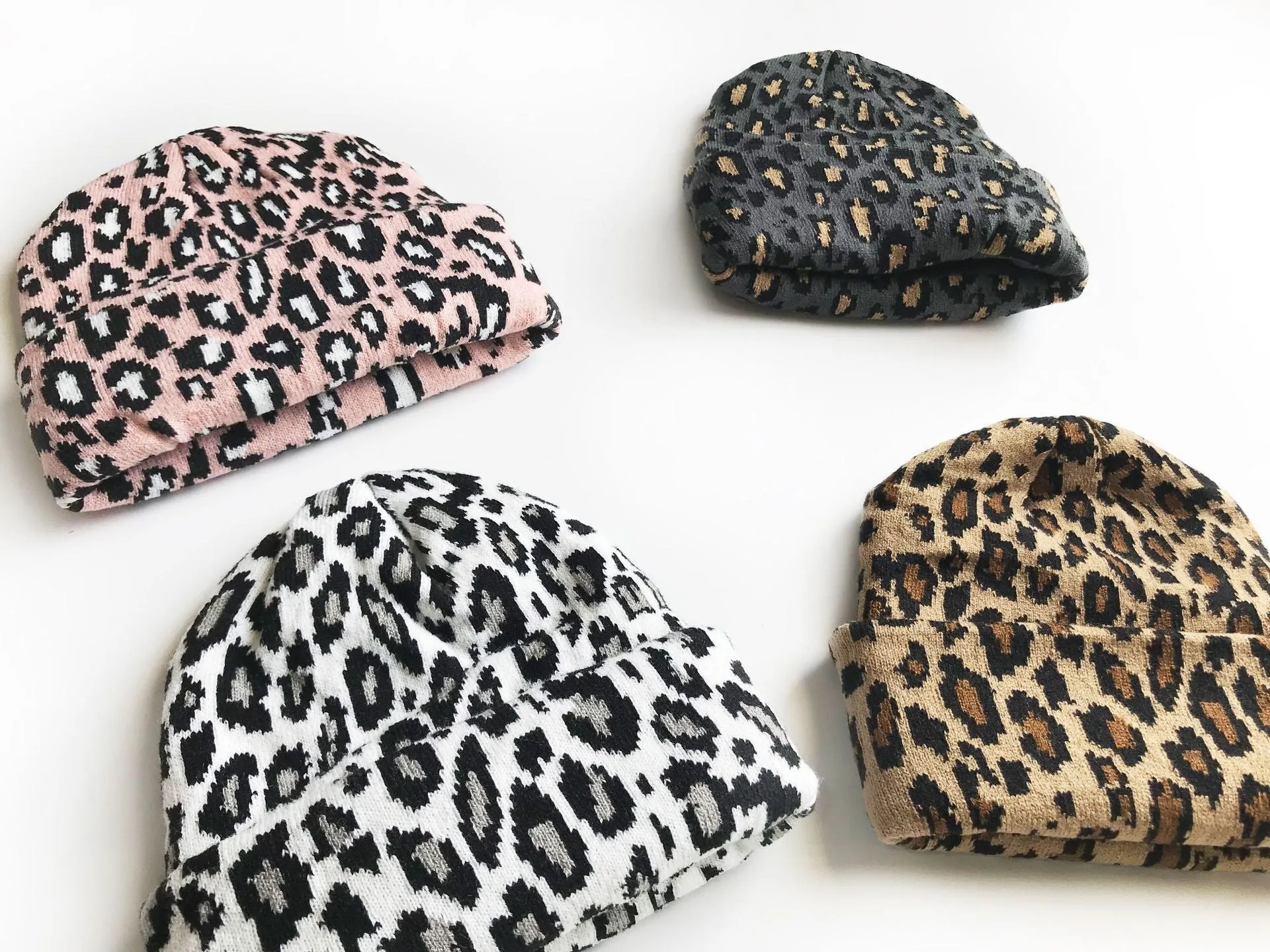 Ladies Leopard Knit Fold Hem Knit Sweater Hat SKAH4210