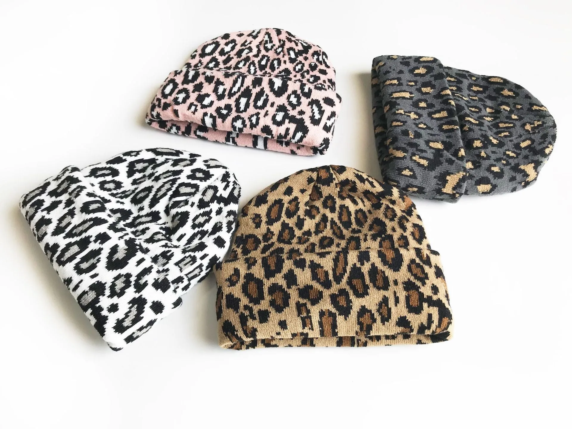 Ladies Leopard Knit Fold Hem Knit Sweater Hat SKAH4210