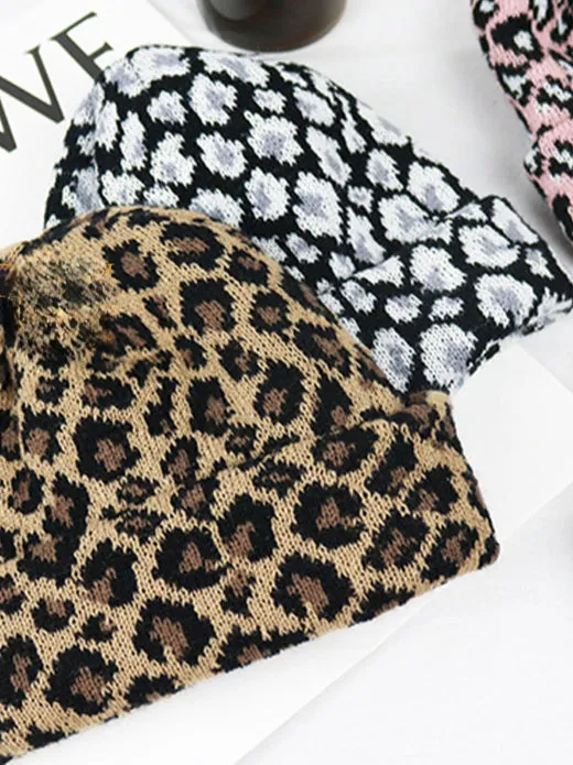 Ladies Leopard Knit Fold Hem Knit Sweater Hat SKAH4210