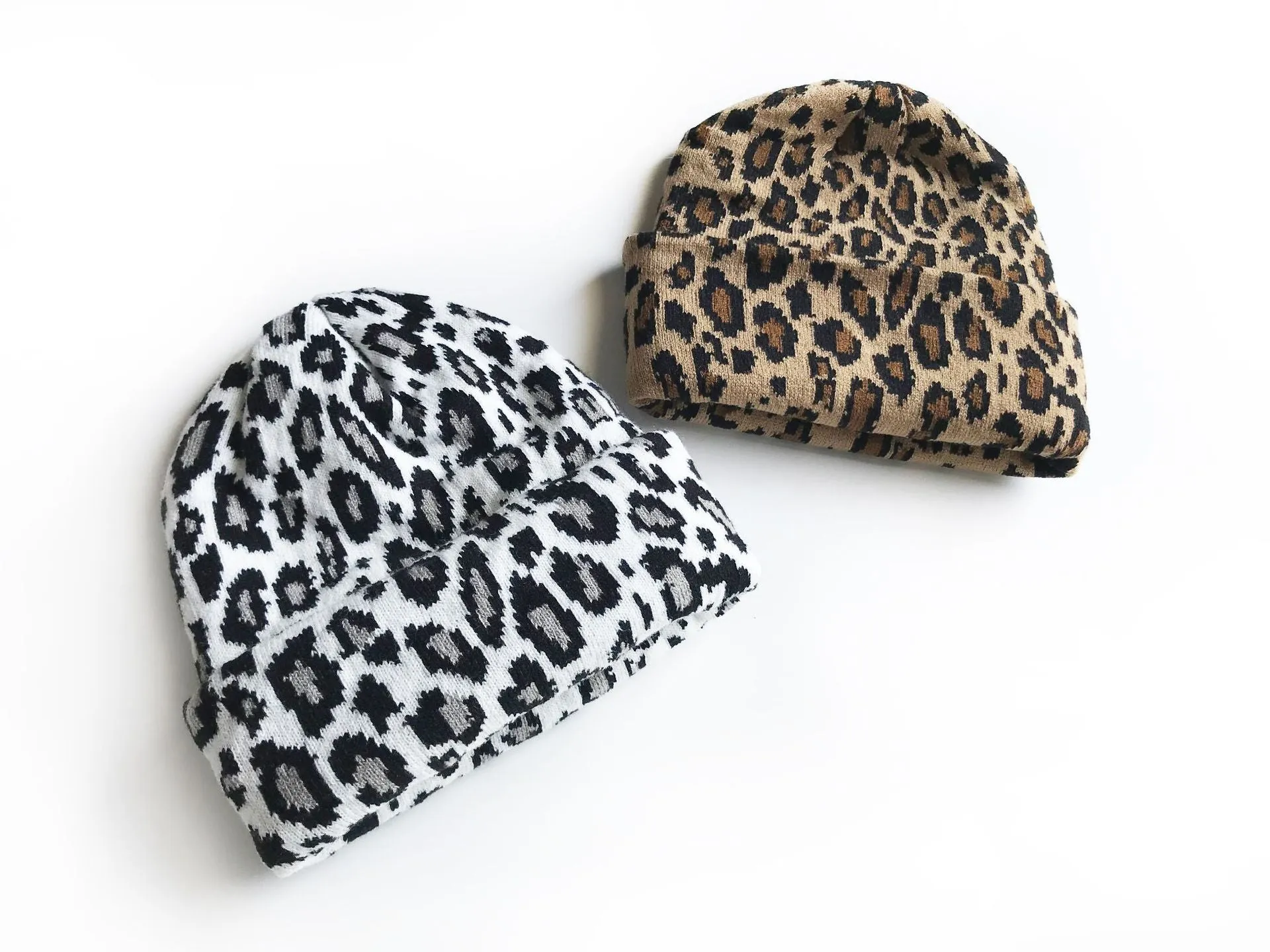 Ladies Leopard Knit Fold Hem Knit Sweater Hat SKAH4210