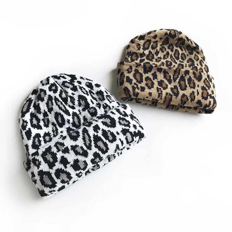 Ladies Leopard Knit Fold Hem Knit Sweater Hat SKAH4210