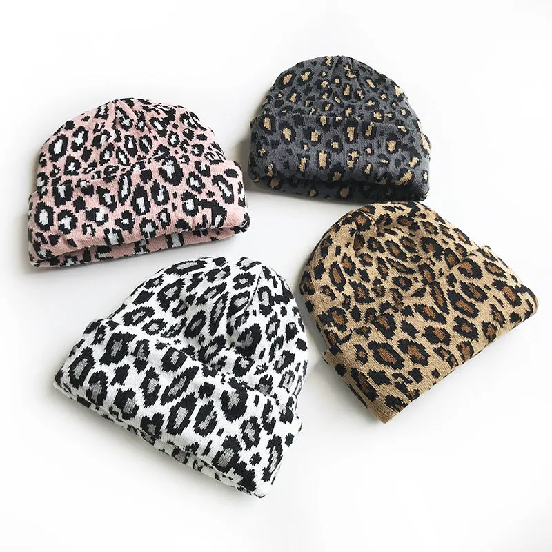 Ladies Leopard Knit Fold Hem Knit Sweater Hat SKAH4210