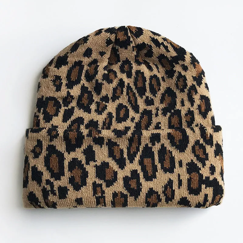 Ladies Leopard Knit Fold Hem Knit Sweater Hat SKAH4210