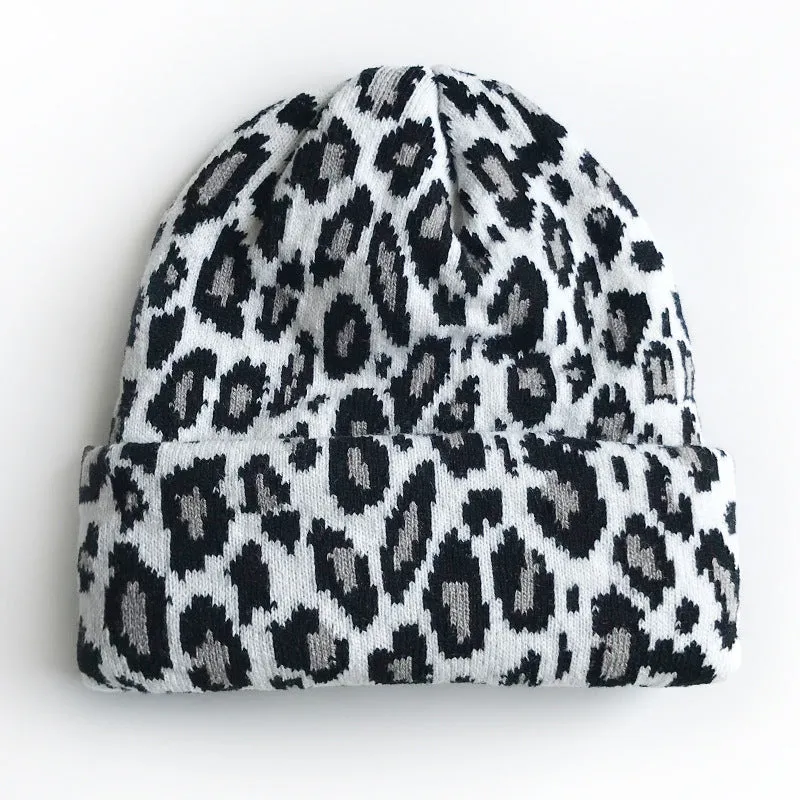 Ladies Leopard Knit Fold Hem Knit Sweater Hat SKAH4210