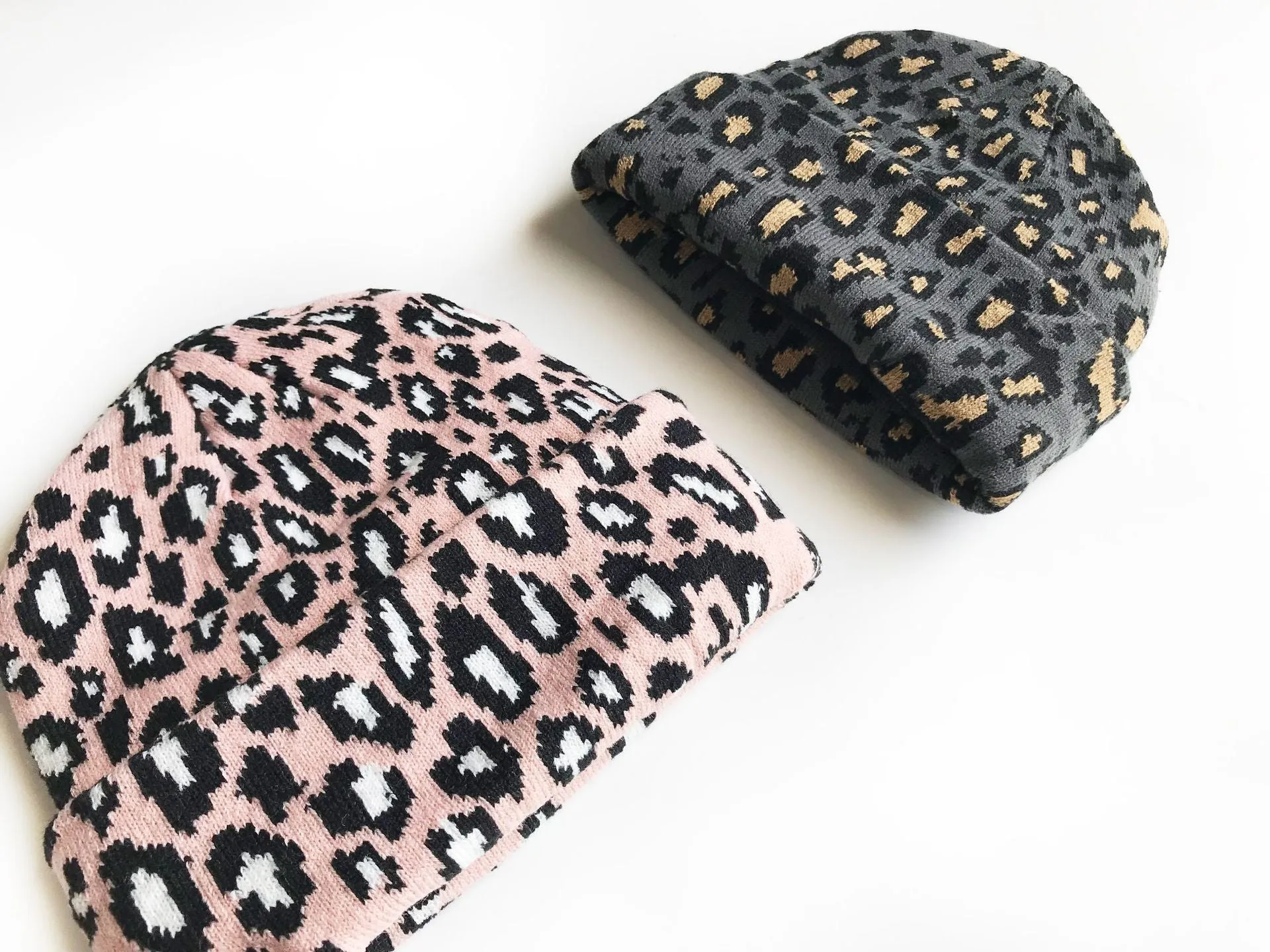 Ladies Leopard Knit Fold Hem Knit Sweater Hat SKAH4210