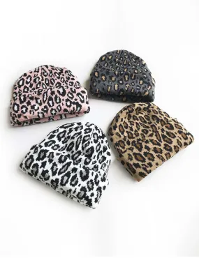 Ladies Leopard Knit Fold Hem Knit Sweater Hat SKAH4210