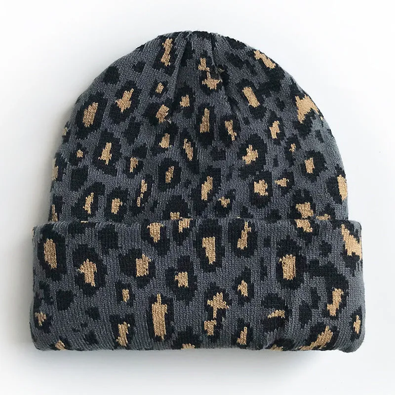 Ladies Leopard Knit Fold Hem Knit Sweater Hat SKAH4210