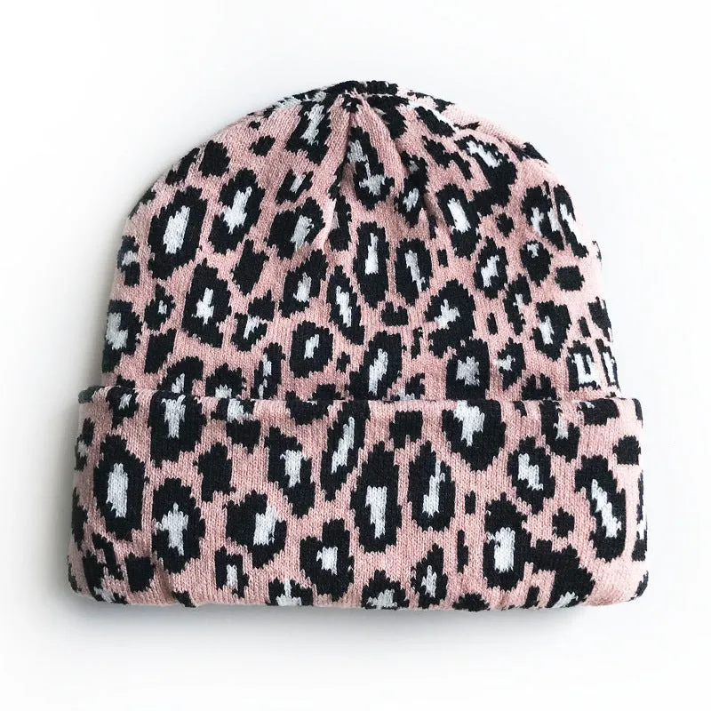 Ladies Leopard Knit Fold Hem Knit Sweater Hat SKAH4210