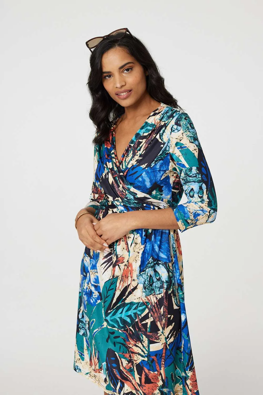 Leaf Print Knee Length Wrap Dress