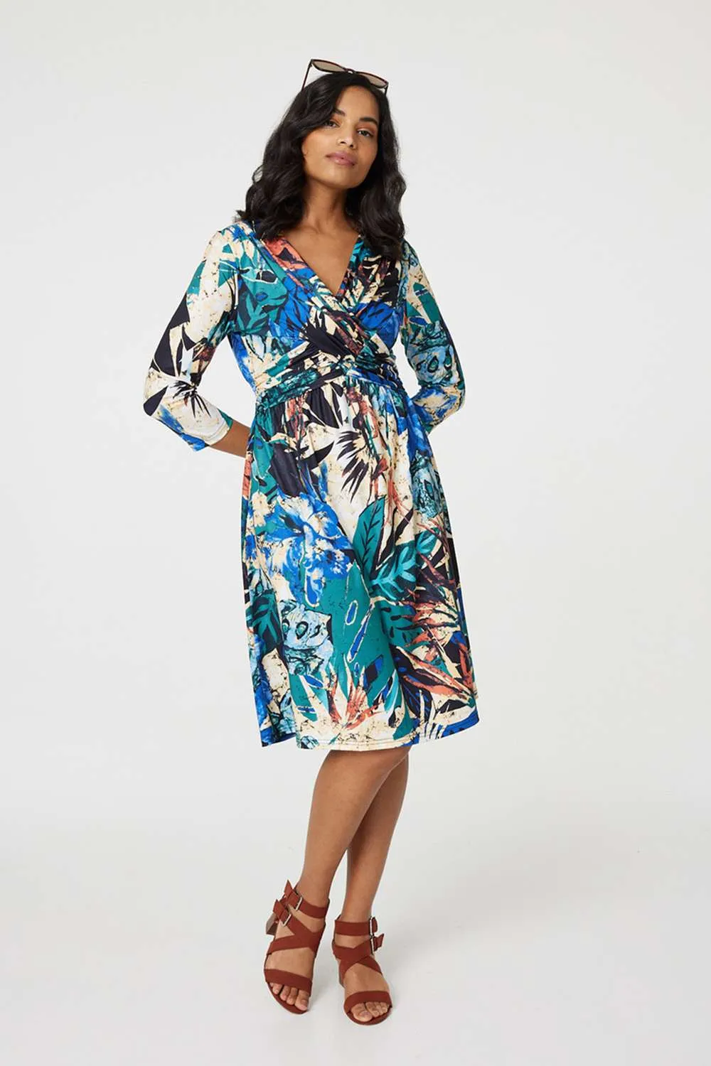 Leaf Print Knee Length Wrap Dress