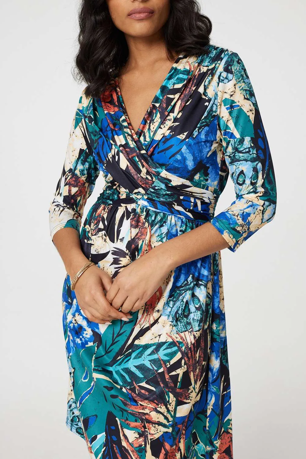 Leaf Print Knee Length Wrap Dress