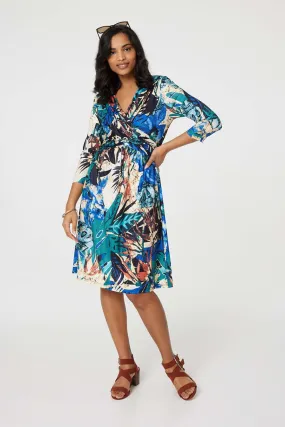 Leaf Print Knee Length Wrap Dress