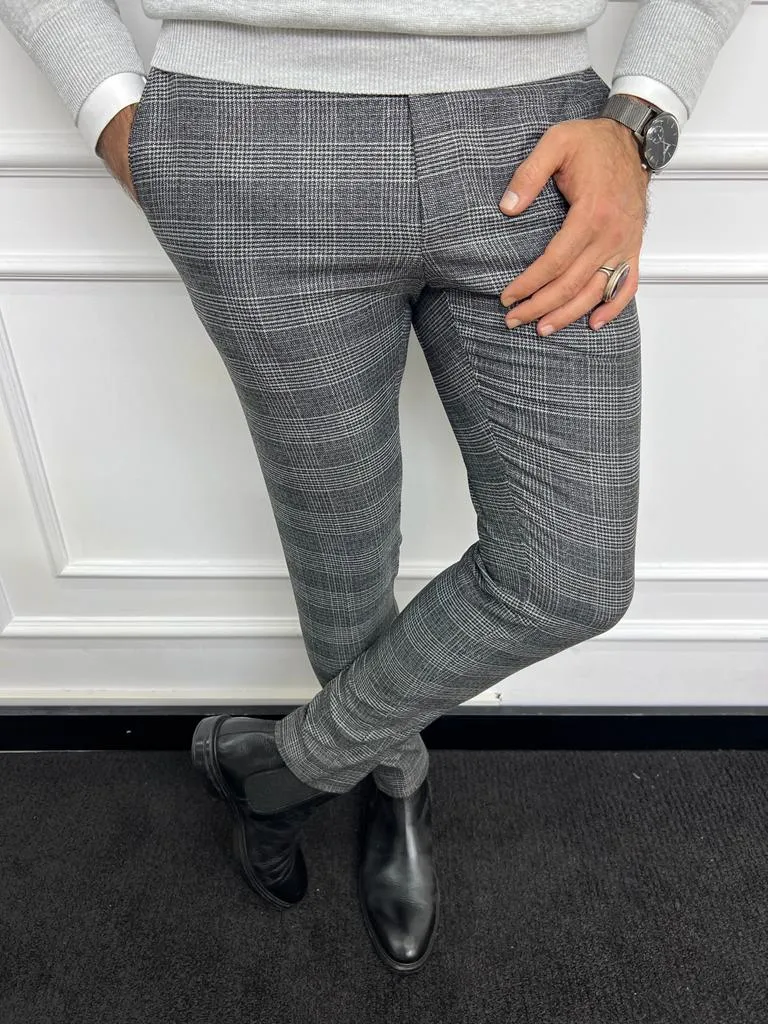 Leon Slim Fit Plaid Striped Grey Pants