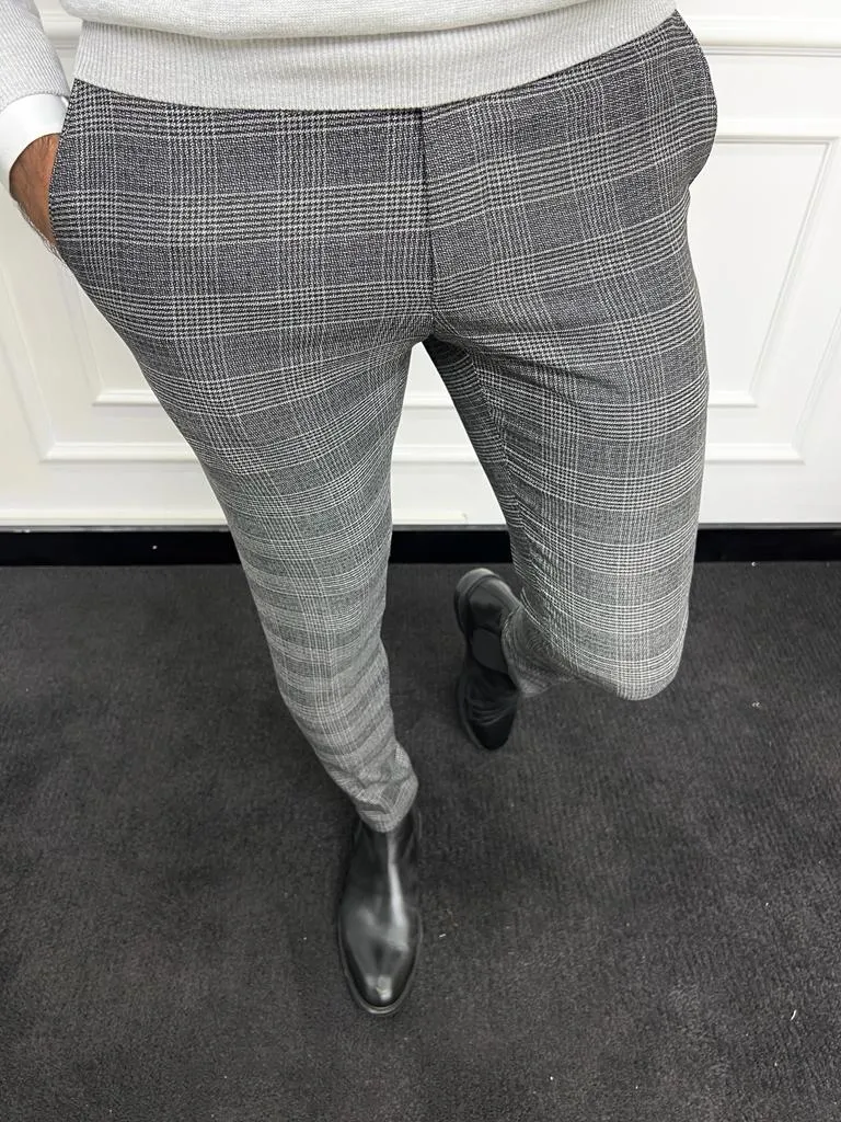 Leon Slim Fit Plaid Striped Grey Pants