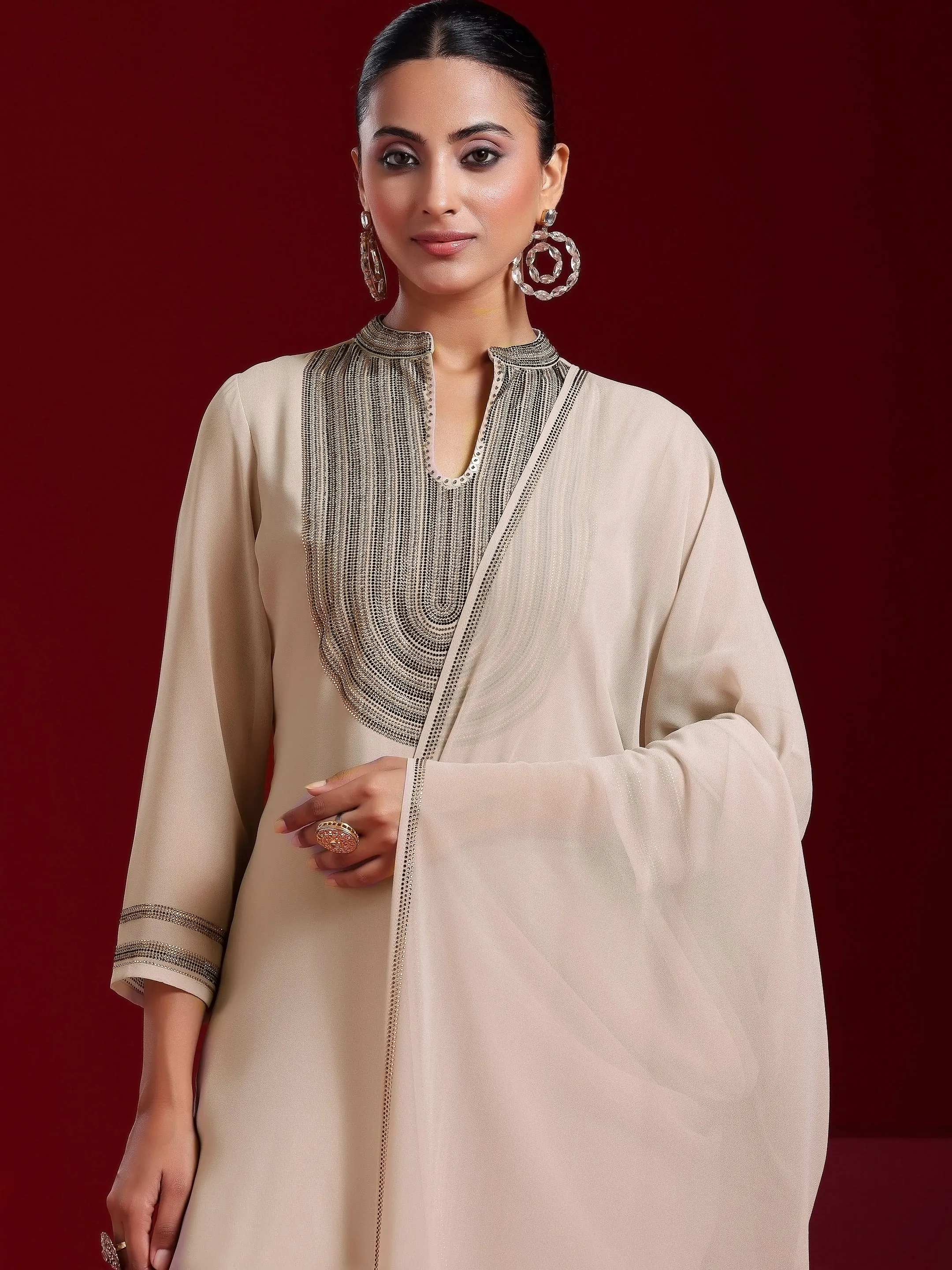 Libas Art Beige Yoke Design Georgette Straight Suit With Dupatta