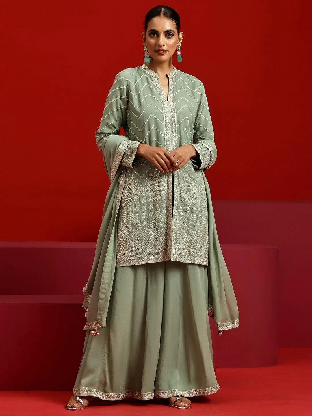 Libas Art Green Embroidered Georgette A-Line Kurta With Sharara & Dupatta