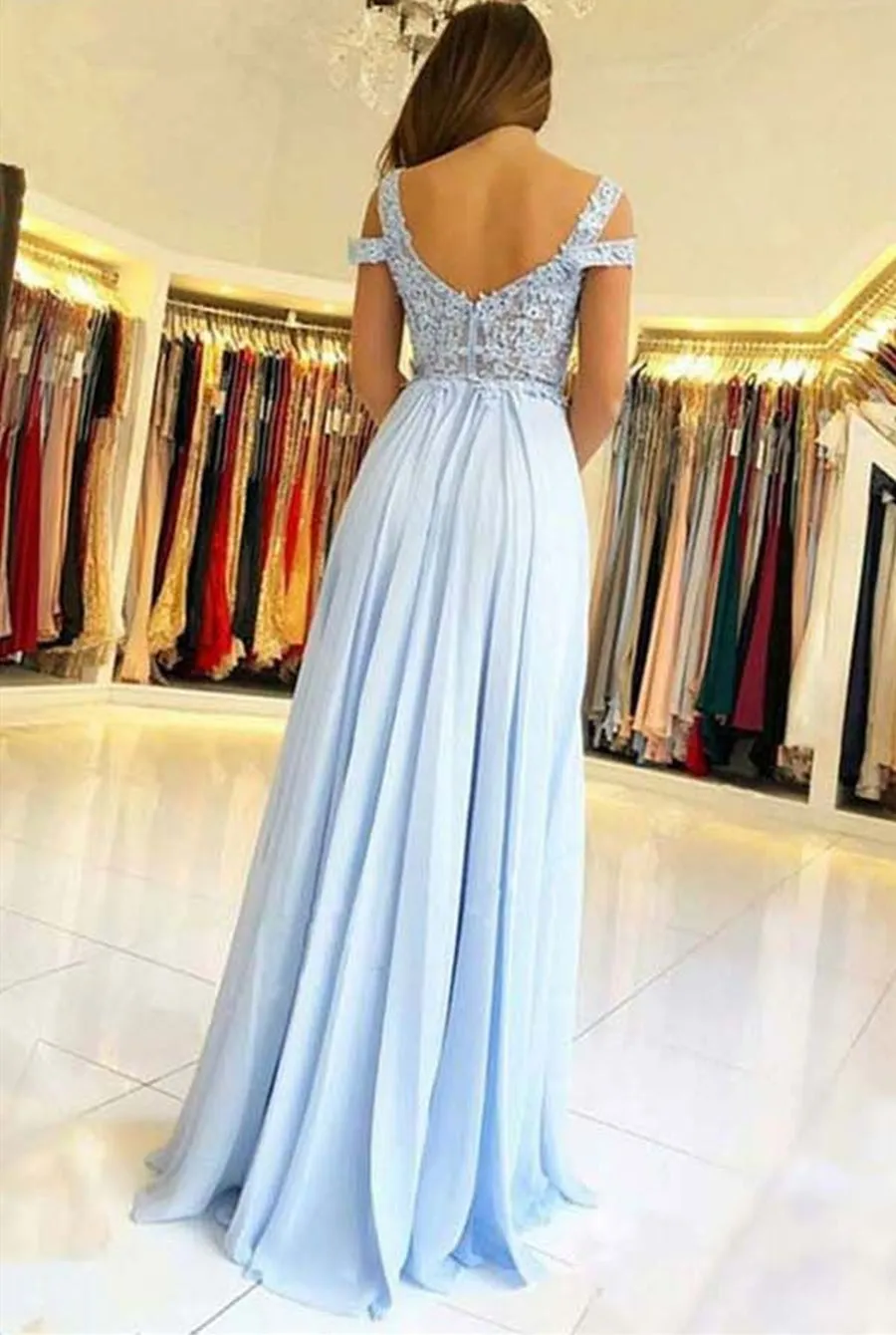 Light Blue Off Shoulder Lace Tulle Long Prom with Leg Slit, Light Blue Lace Graduation Formal Evening