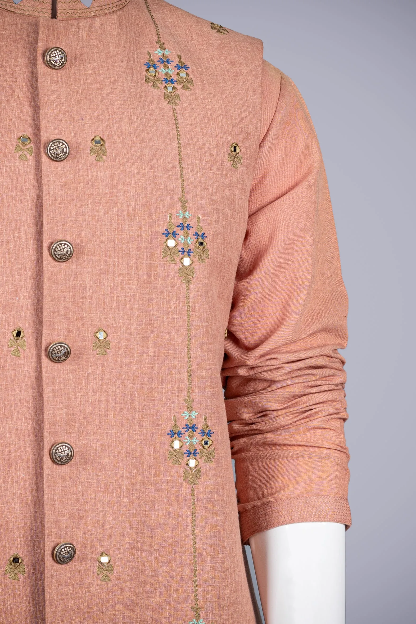 Light Peach Linen Cotton Jacket Set with Mirror Work