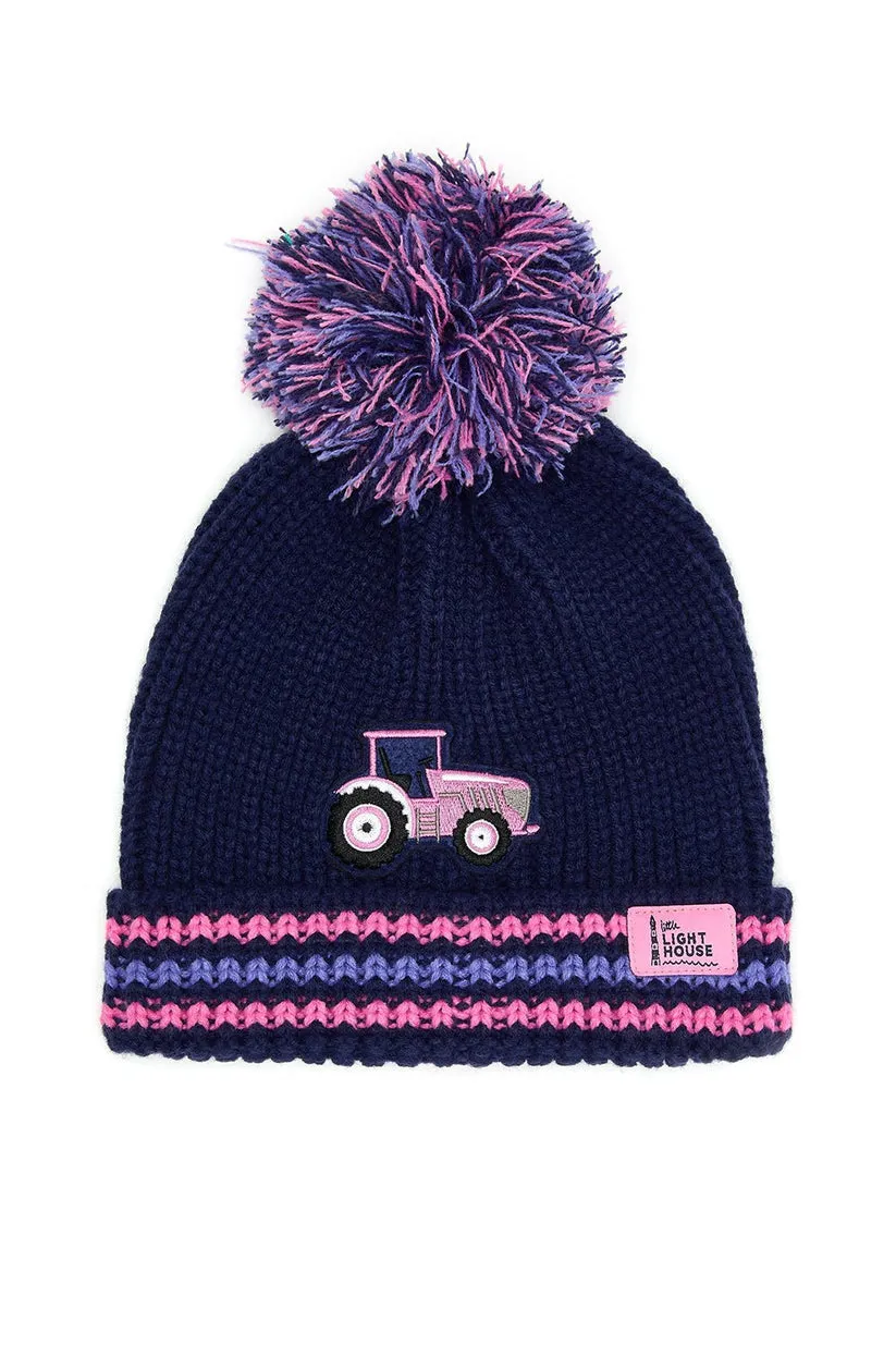 Lighthouse Kids Bobble Hat Tractors & Stripes Pink