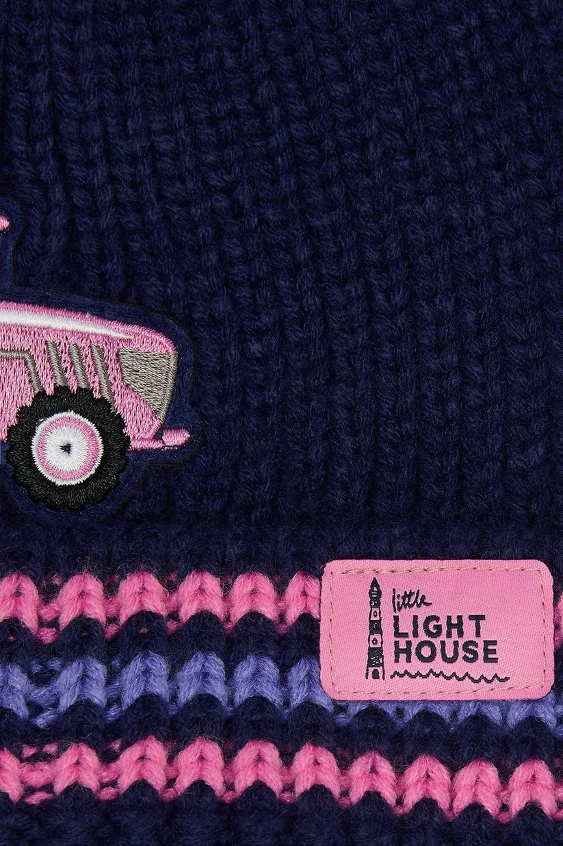 Lighthouse Kids Bobble Hat Tractors & Stripes Pink