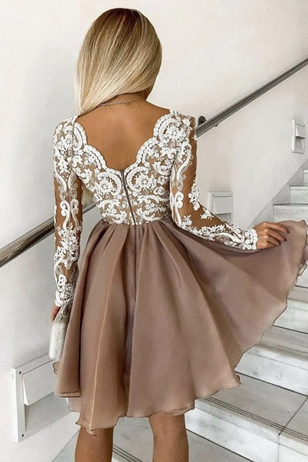 Long Sleeves V Neck Champagne Lace Long Prom Dresses, Long Sleeves Champagne Homecoming Dress, Champagne Lace Formal Evening Dress