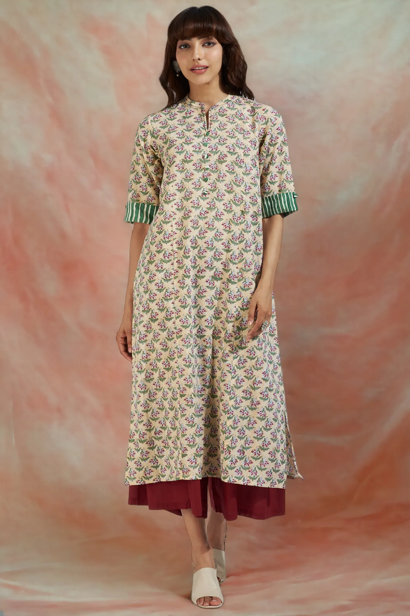 long yoke panel kurta - taupe tenderness & rosebud symphony