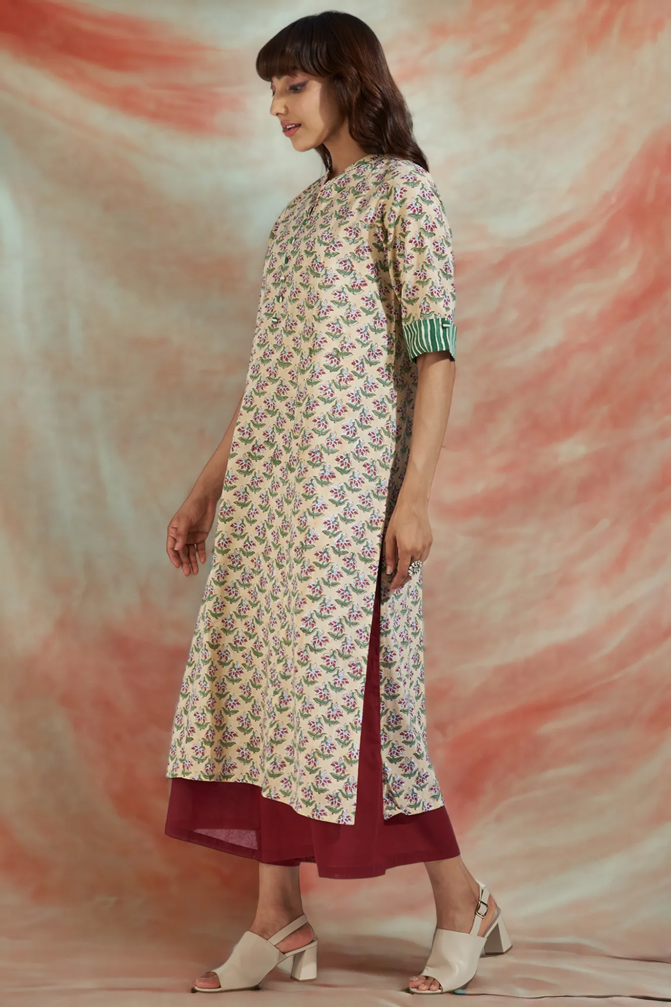 long yoke panel kurta - taupe tenderness & rosebud symphony