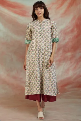 long yoke panel kurta - taupe tenderness & rosebud symphony