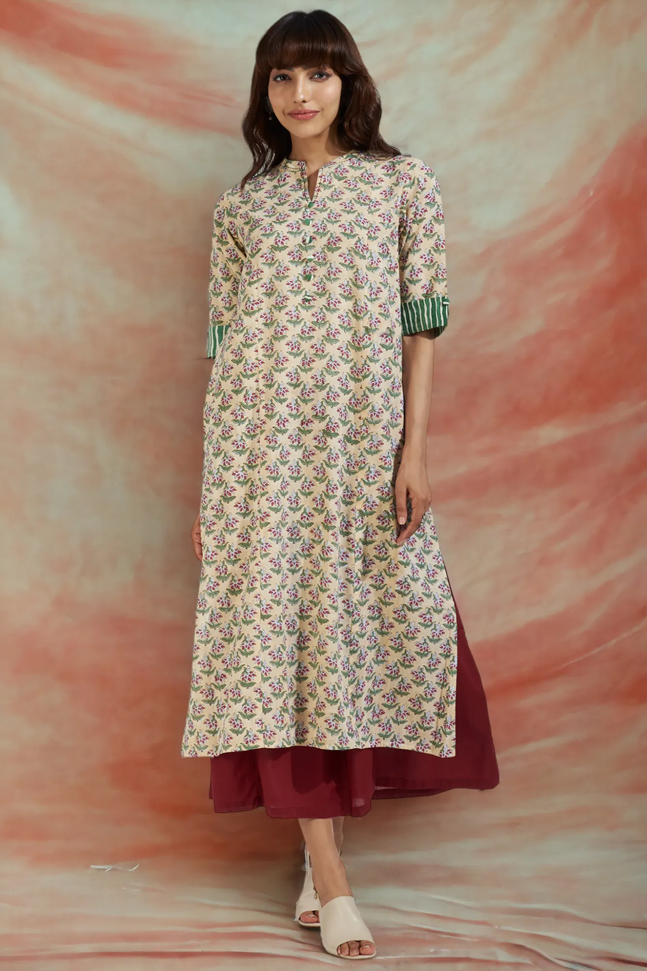 long yoke panel kurta - taupe tenderness & rosebud symphony