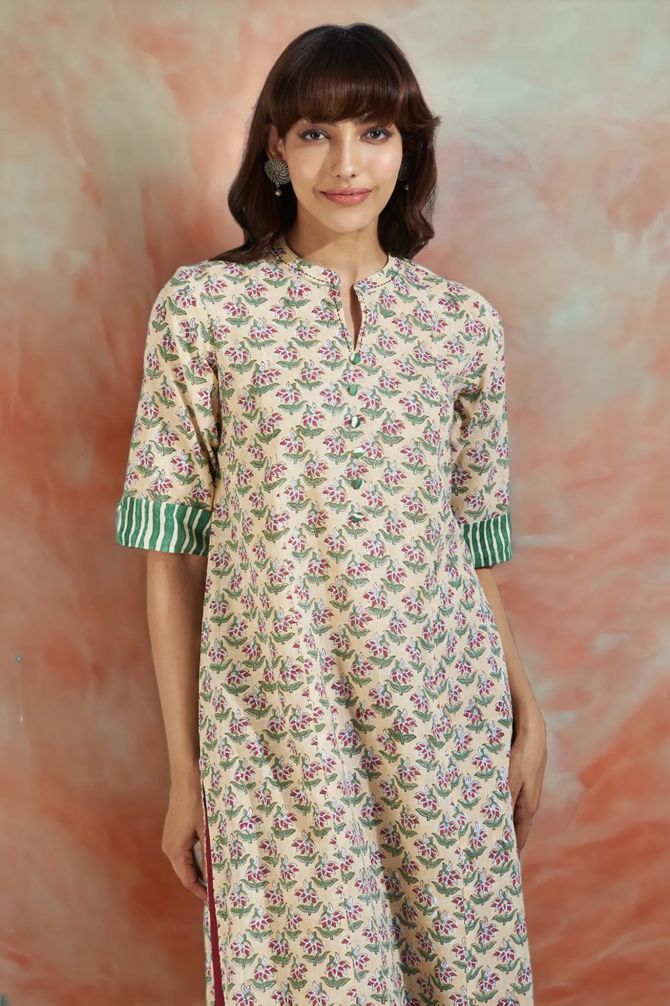 long yoke panel kurta - taupe tenderness & rosebud symphony