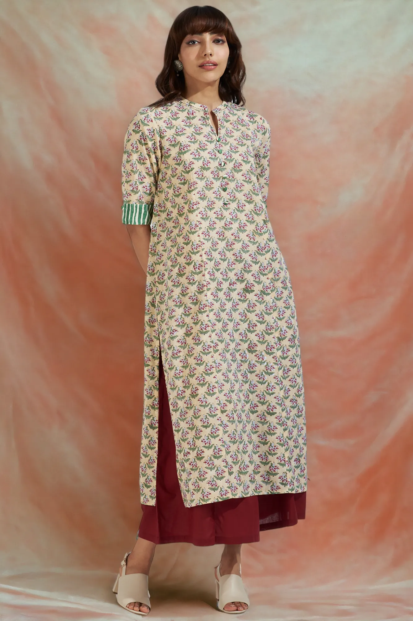 long yoke panel kurta - taupe tenderness & rosebud symphony