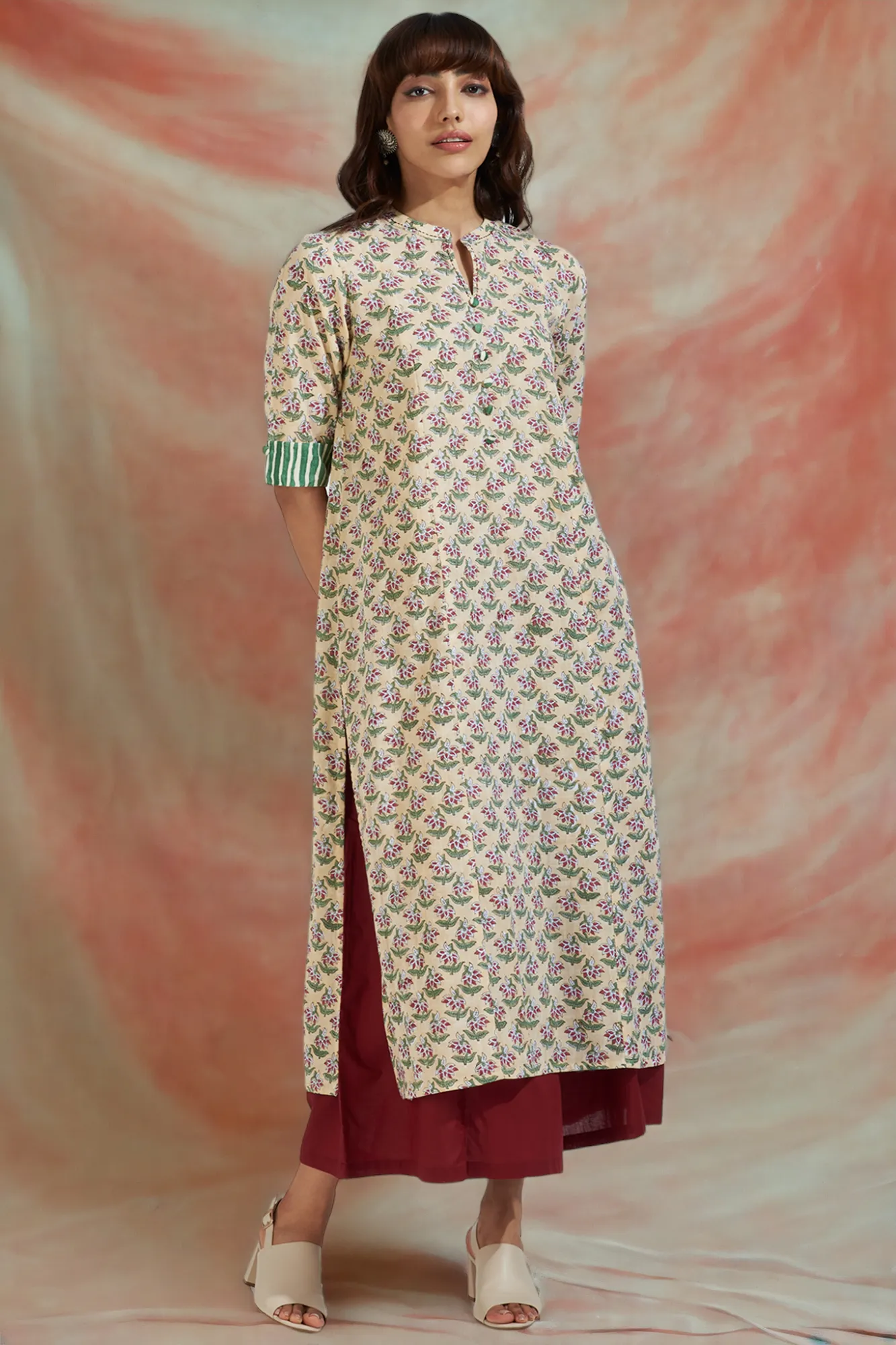 long yoke panel kurta - taupe tenderness & rosebud symphony