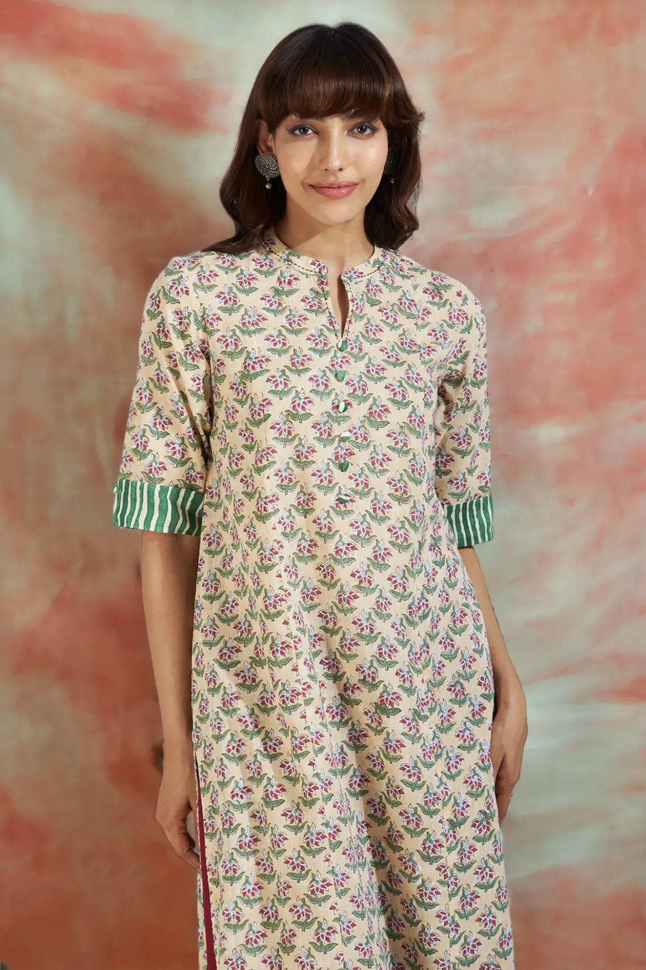 long yoke panel kurta - taupe tenderness & rosebud symphony