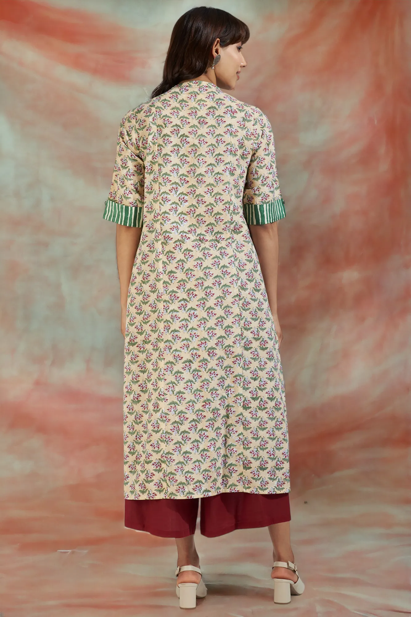 long yoke panel kurta - taupe tenderness & rosebud symphony