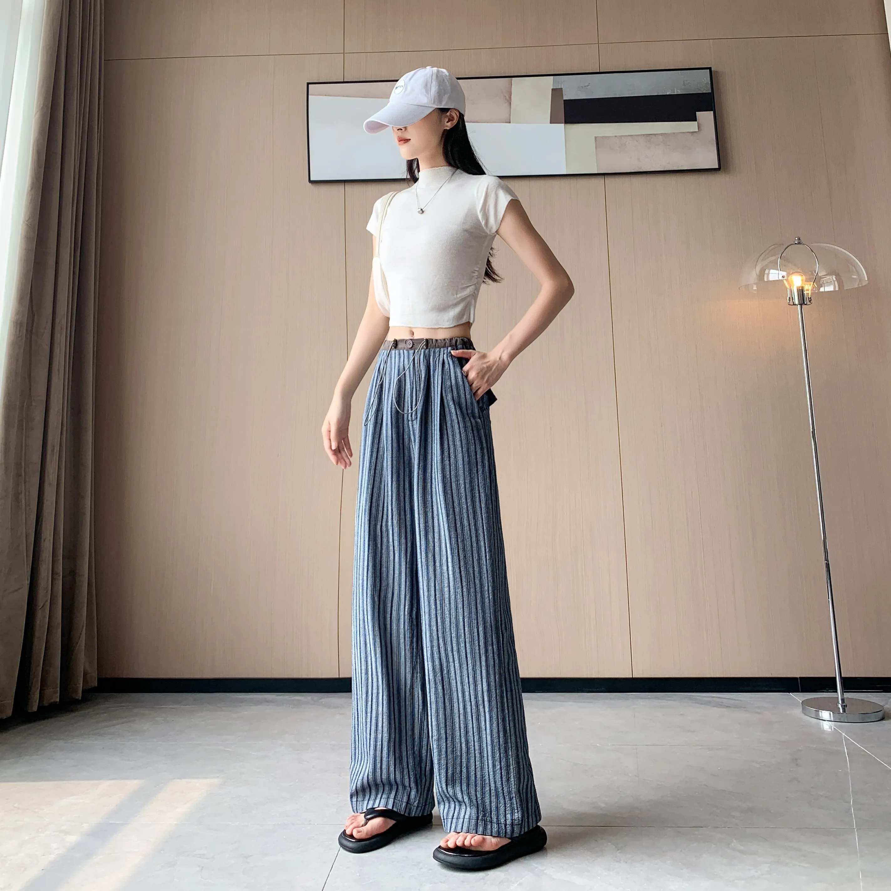 Loose Fit High-Waisted Lazy Thin Straight Stripe Drawstring Pants