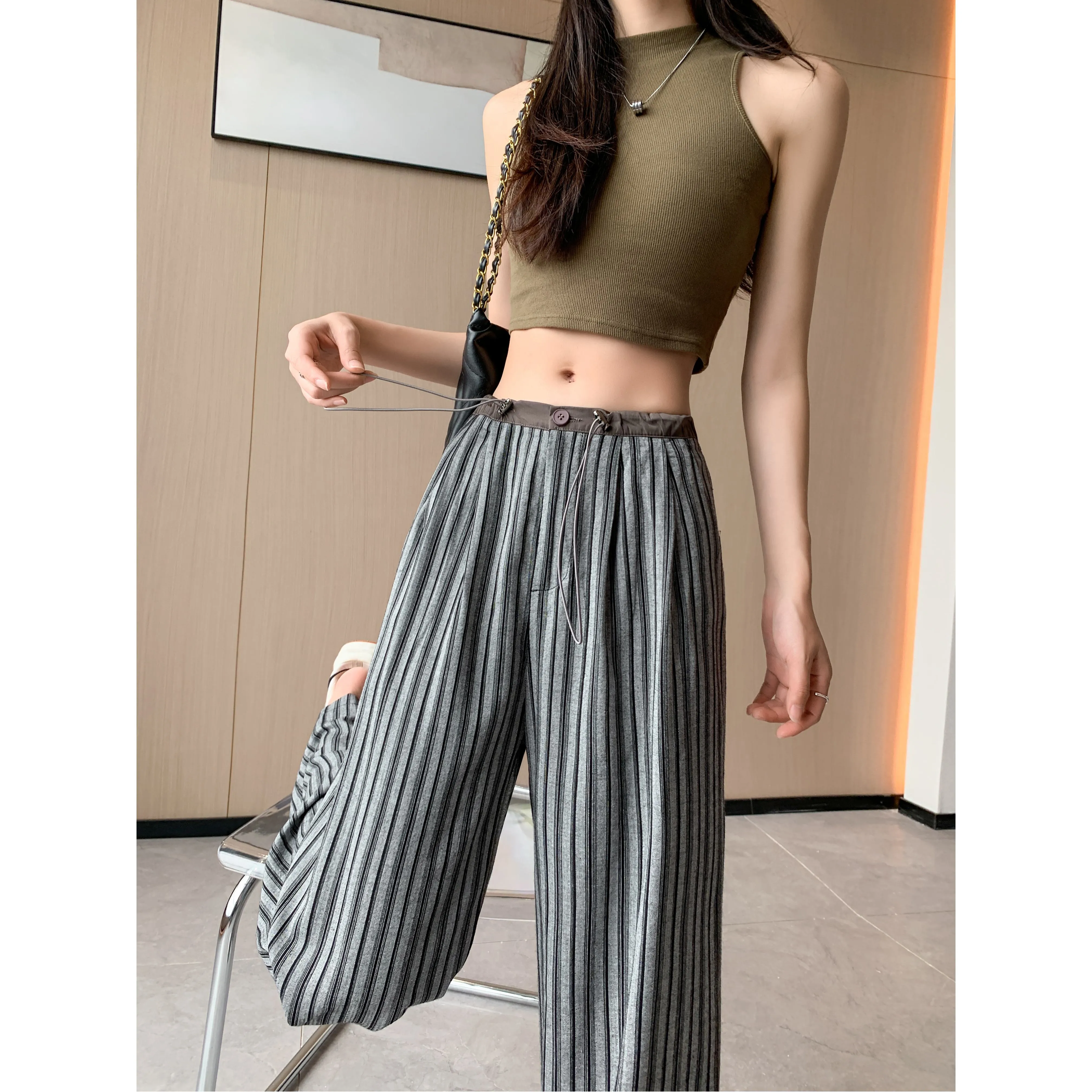 Loose Fit High-Waisted Lazy Thin Straight Stripe Drawstring Pants