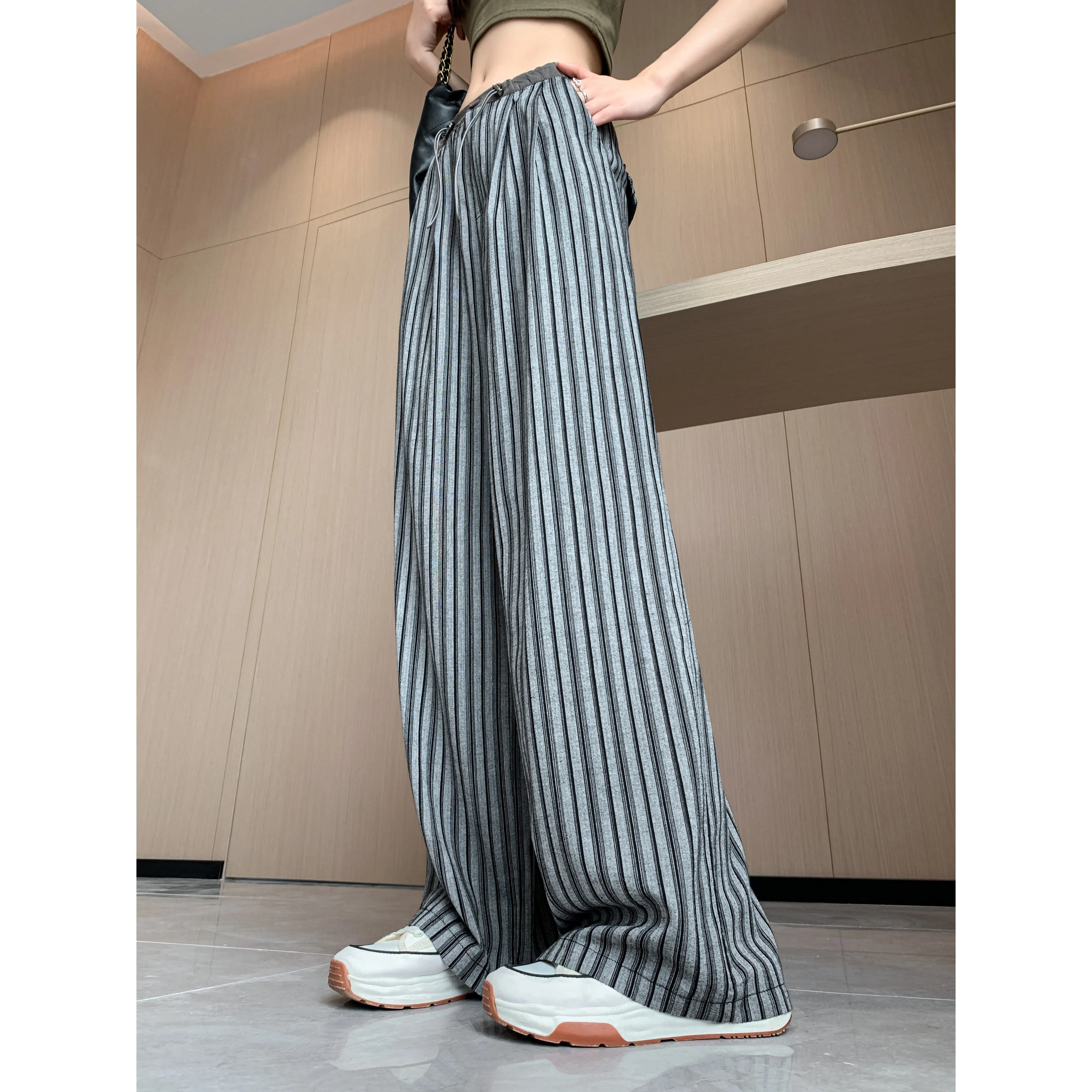 Loose Fit High-Waisted Lazy Thin Straight Stripe Drawstring Pants