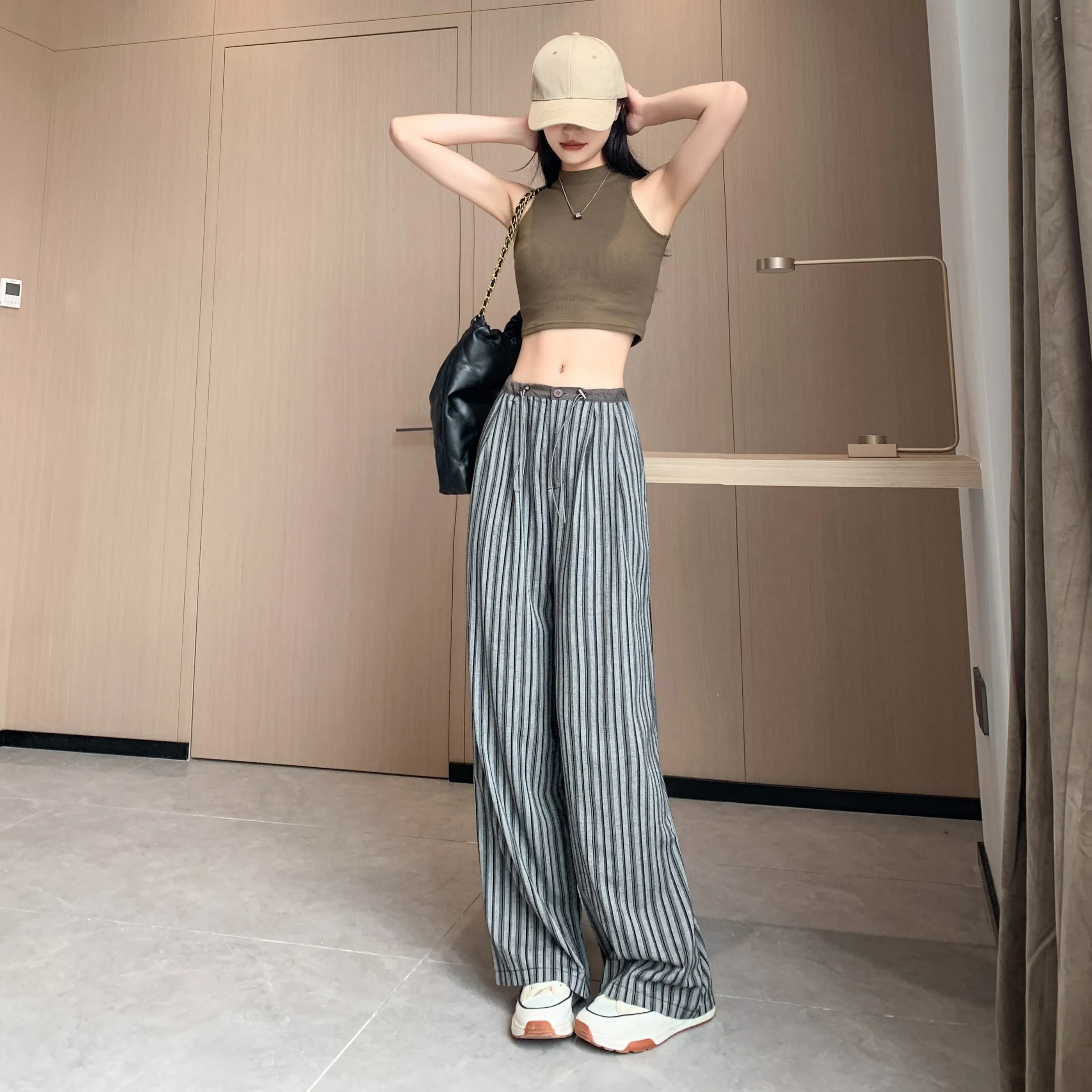 Loose Fit High-Waisted Lazy Thin Straight Stripe Drawstring Pants