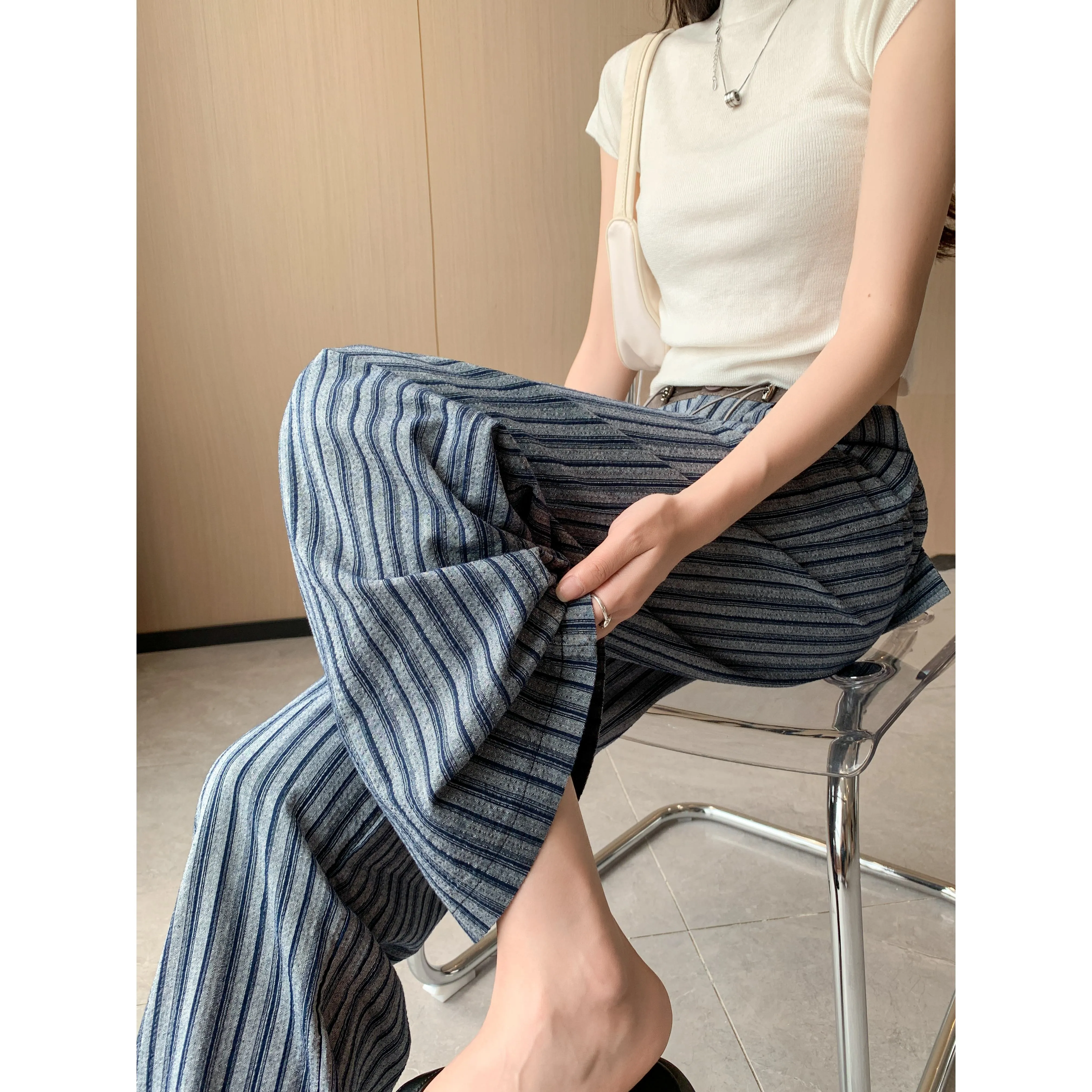 Loose Fit High-Waisted Lazy Thin Straight Stripe Drawstring Pants