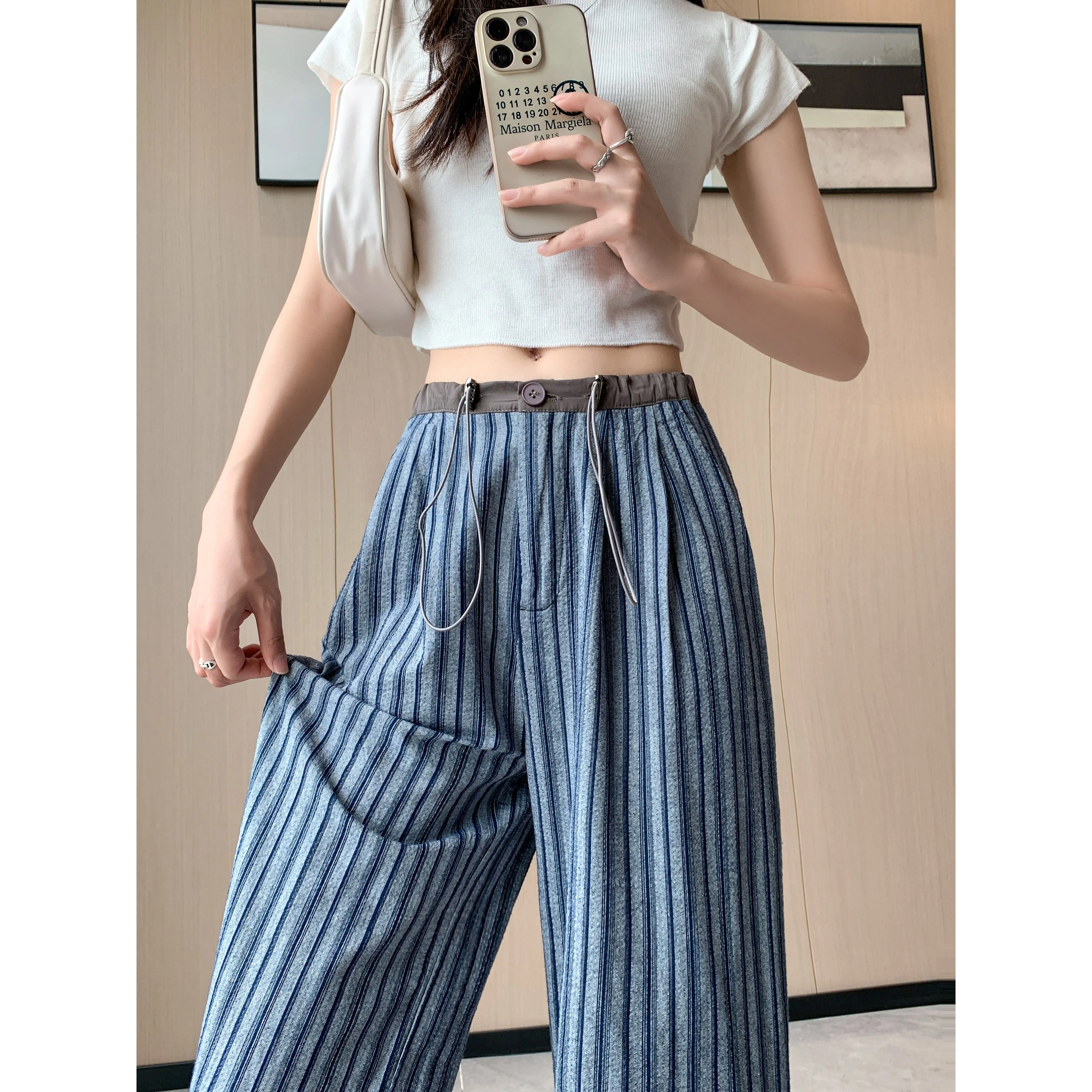 Loose Fit High-Waisted Lazy Thin Straight Stripe Drawstring Pants