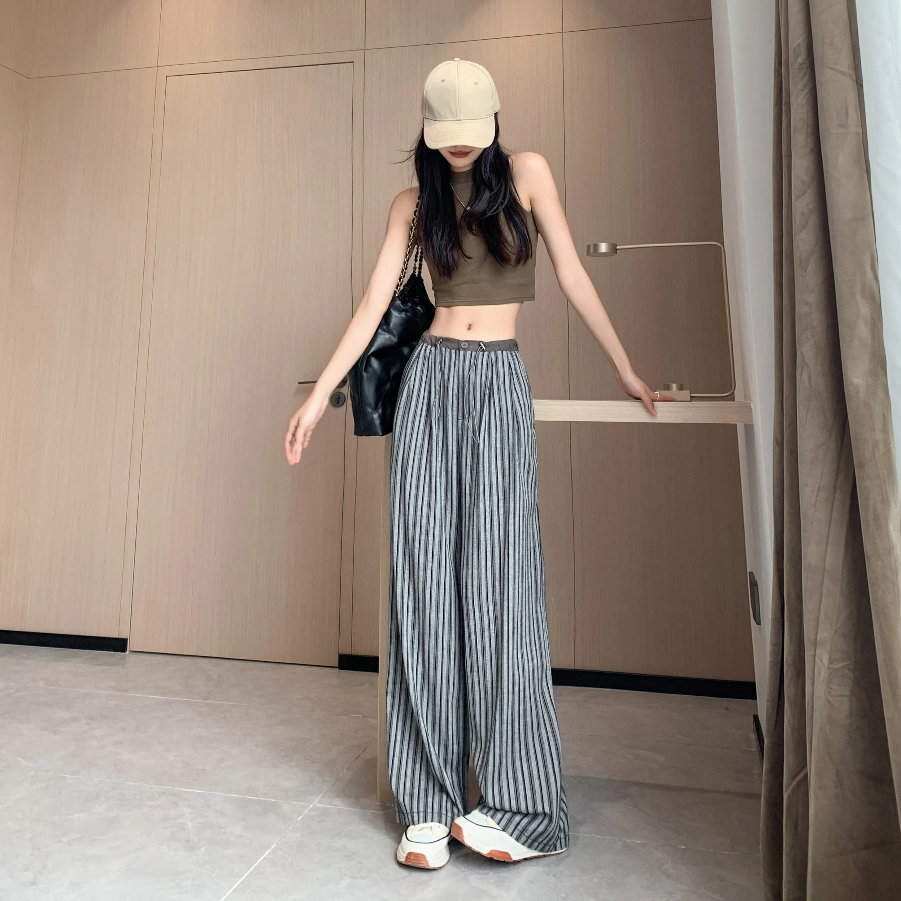 Loose Fit High-Waisted Lazy Thin Straight Stripe Drawstring Pants