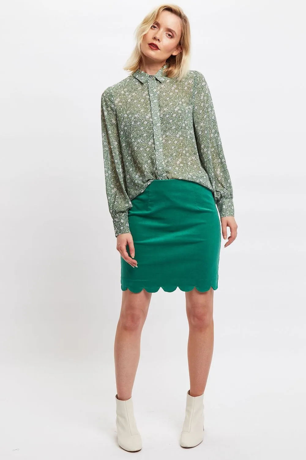 Louche Alicja Green Scalloped Hem Babycord Mini Skirt - 14