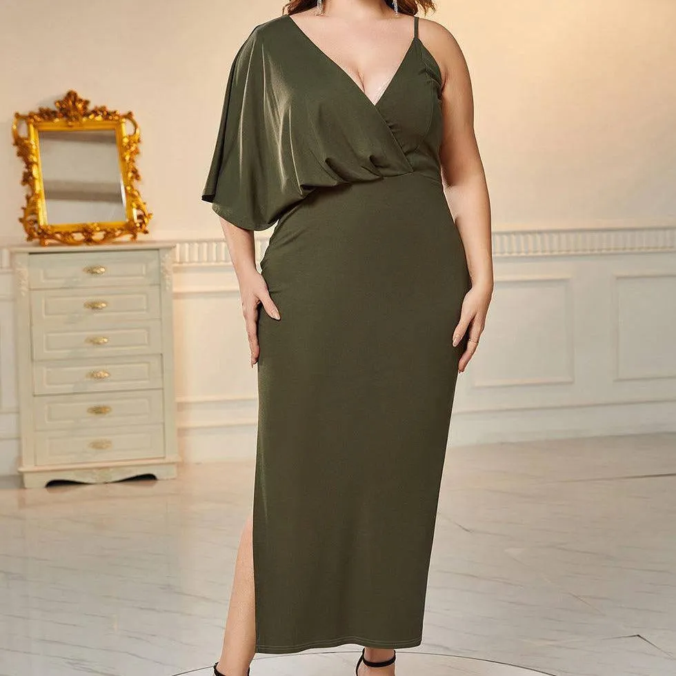 Louise Plus Asymmetrical Neck Batwing Sleeve Midi Dress