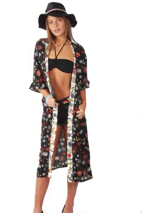 Maxi Long Floral Print Ruffle Sleeve Summer Holiday Kimono Jacket