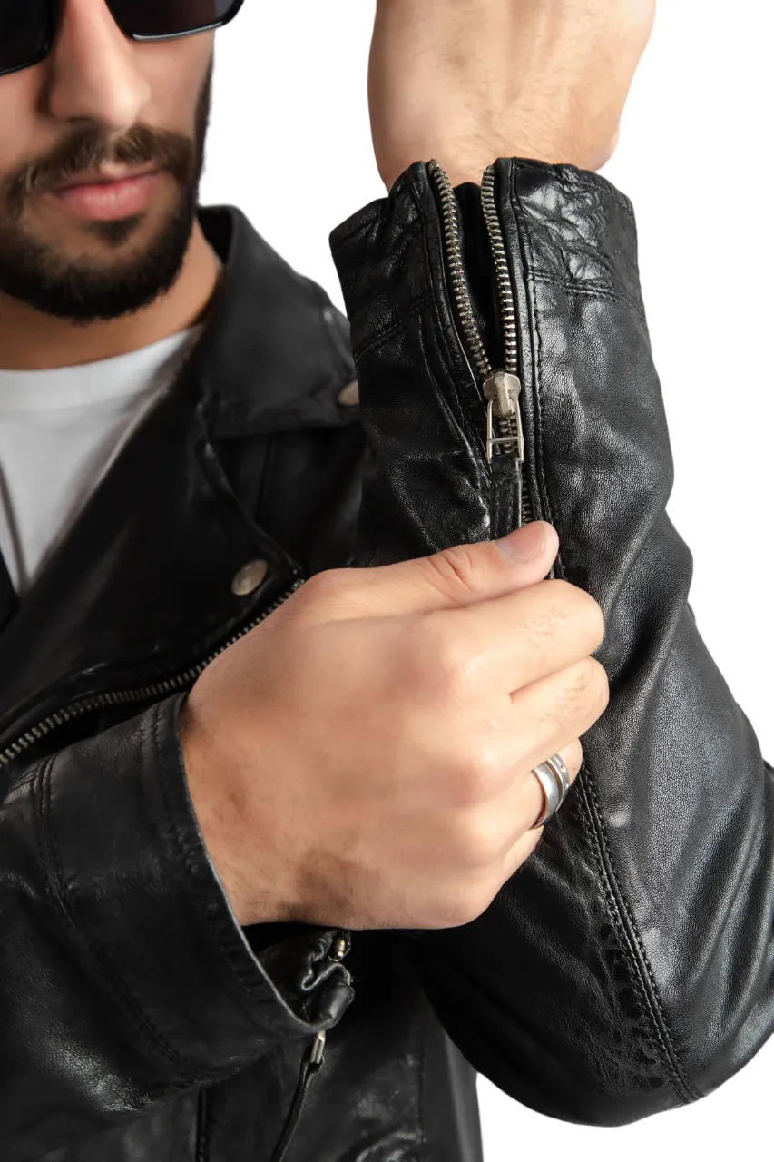 Mens Classic Brando Biker Style Black Leather Jacket - ELM4