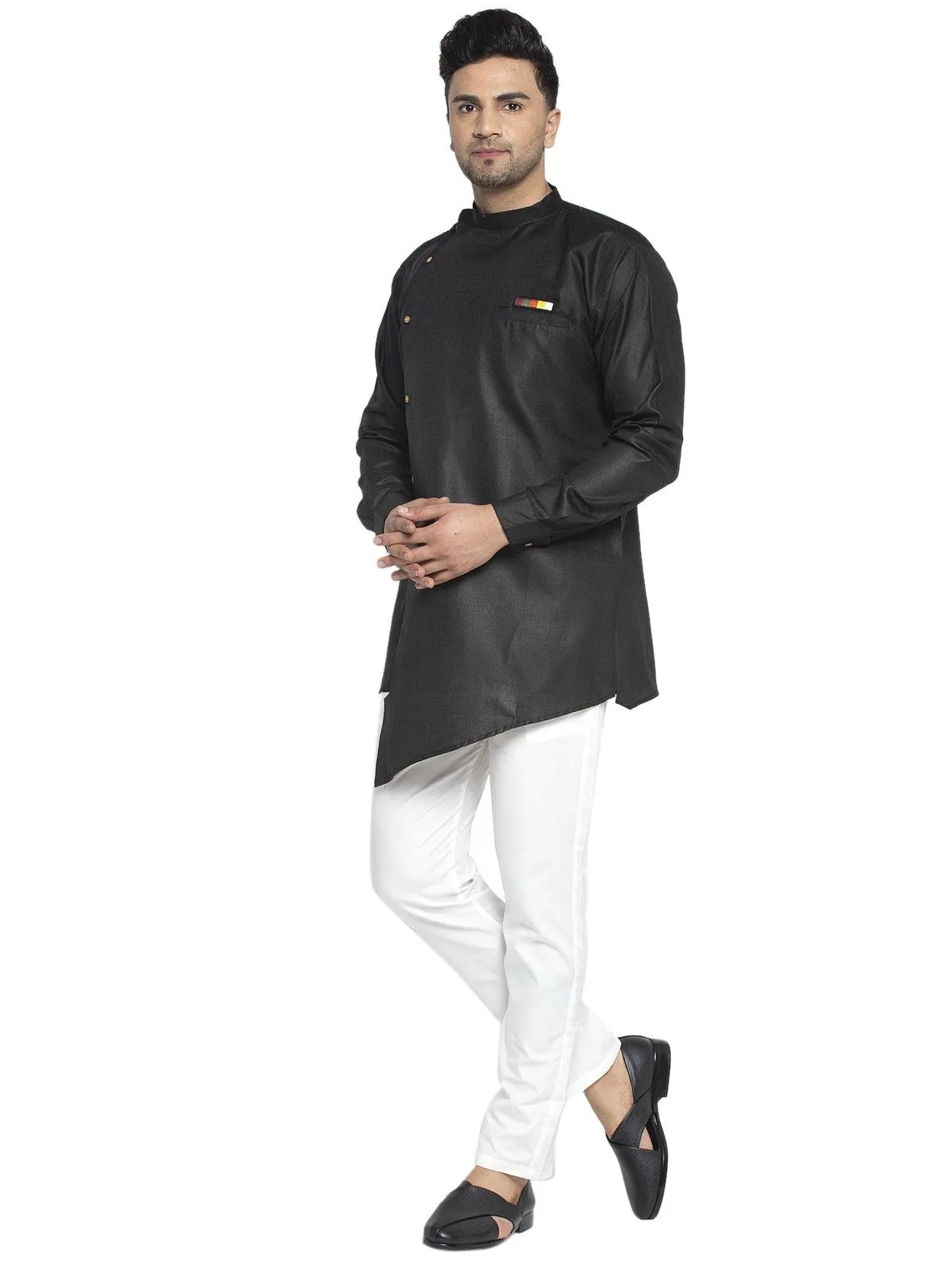 Men's Cotton Black Asymmetric Solid Kurta With White Trousers - Benstoke