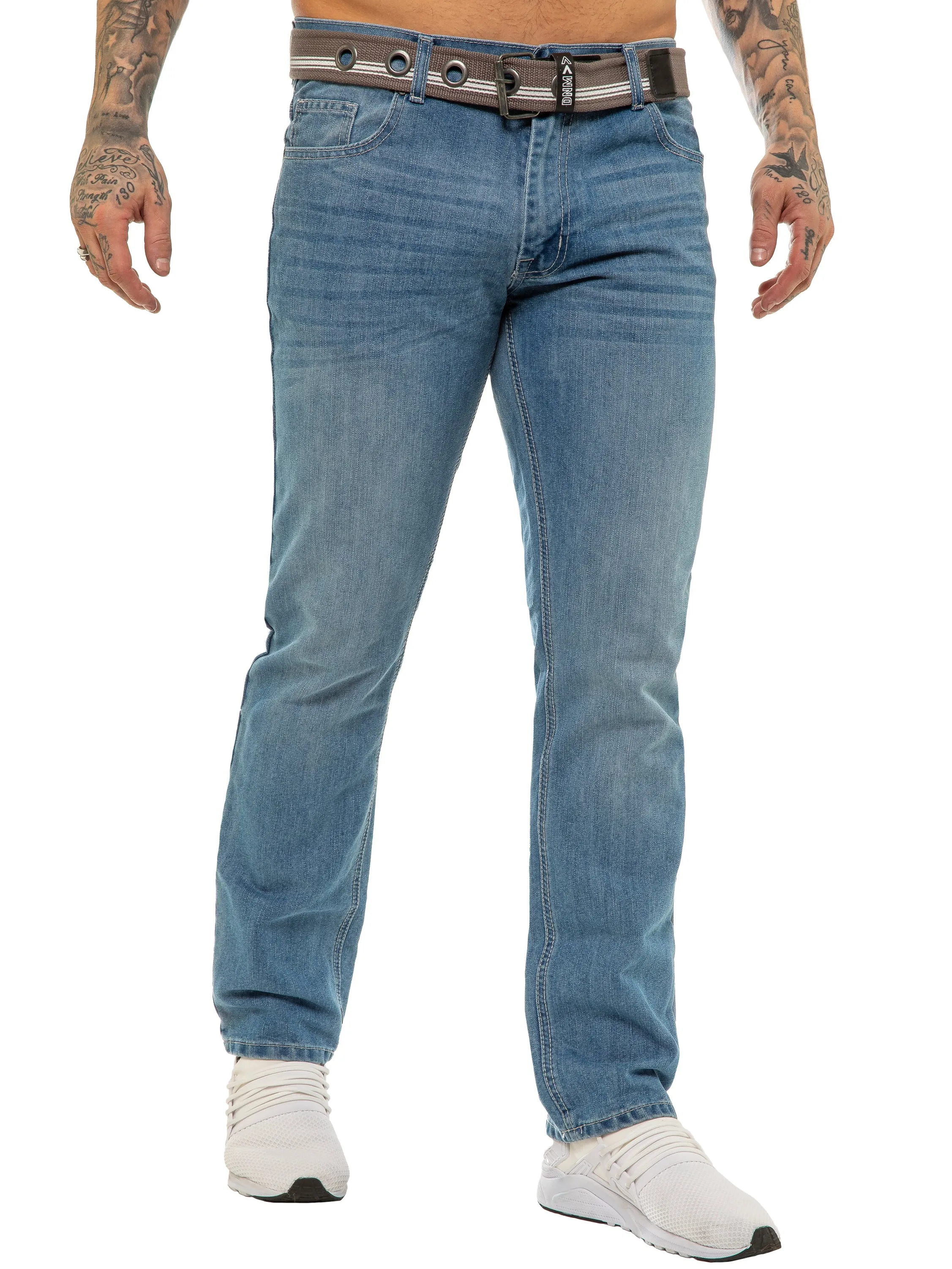 Mens Designer Blue Regular Tapered Fit Denim Jeans | Enzo Designer Menswear