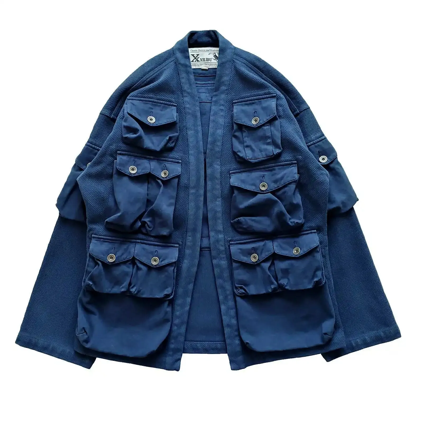 Men's Hanten Jacket with Multi-pockets - Blue Kimono Japanese Style