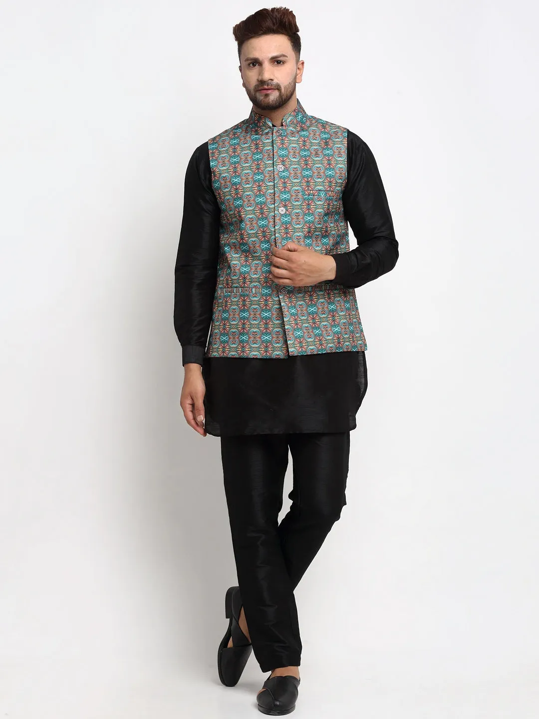 Men's Silk Blend Black Kurta With Pyjama & Sea Green Printed Nehru Jacket - Benstoke