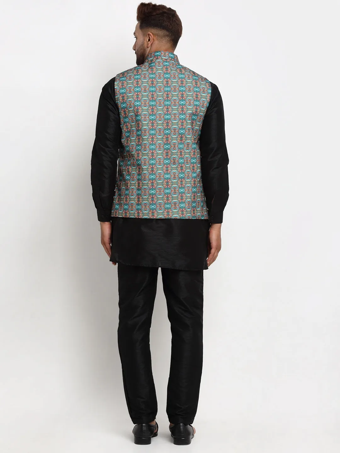 Men's Silk Blend Black Kurta With Pyjama & Sea Green Printed Nehru Jacket - Benstoke